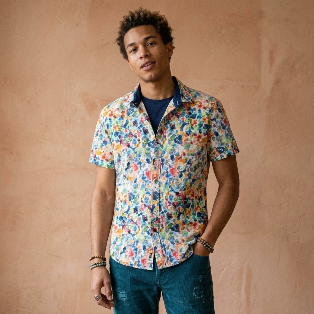 Desigual Mens Shirt Medium Multicolor Abstract Floral Watercolor Print Art Wear